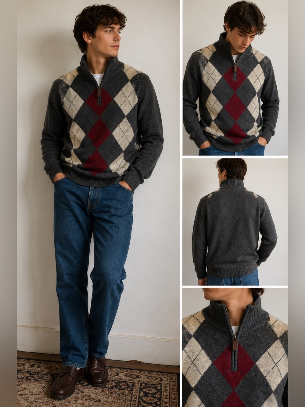 J.Crew Y2K Lambswool Argyle Quarter Zip Sweater Men’s M Gray Burgundy
